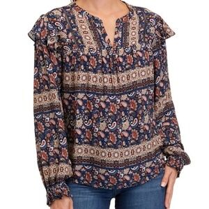 Wonderly Blouse Blue Paisley Floral Ruffle Shoulder Smocked Cuff PM Excellent